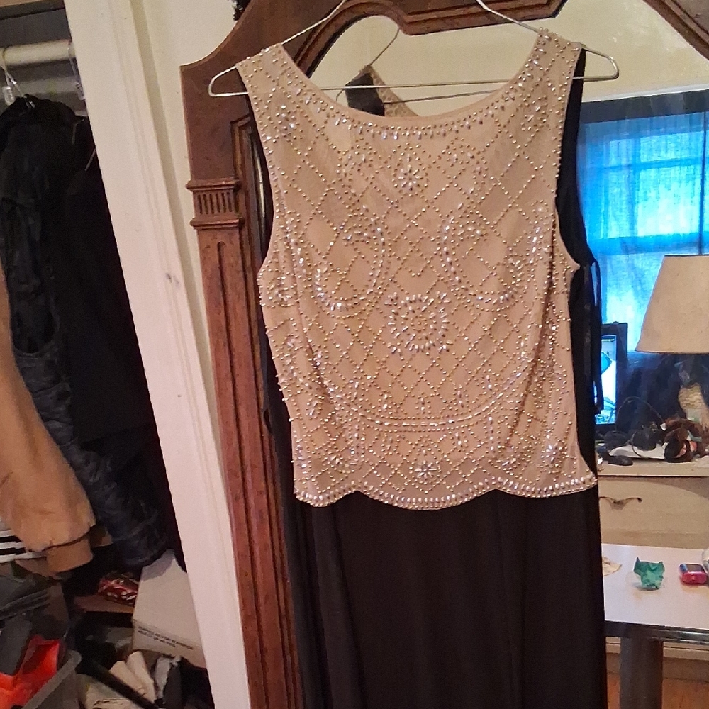 Embellished Black Evening Prom Dress with Champagne Beaded Bodice